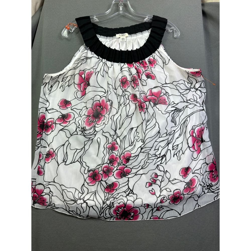Cato Woman's Floral Sleeveless Blouse White Pink Black Pleated Neck 18/20W